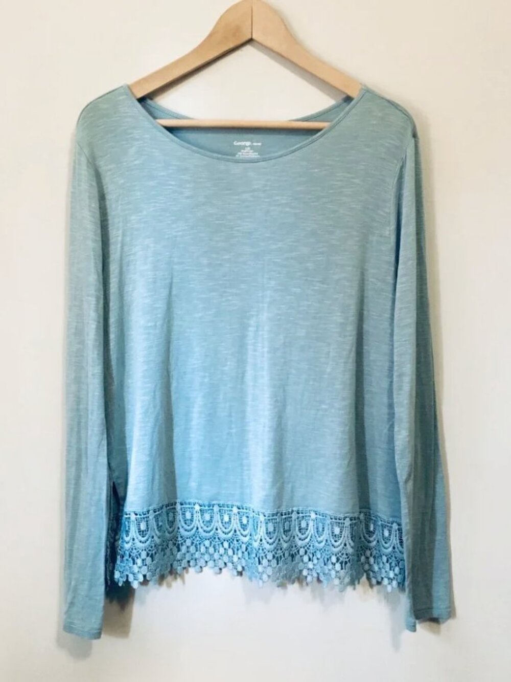 George Robin Egg Blue Lace Hem Long Sleeve Rayon Top L Dolette